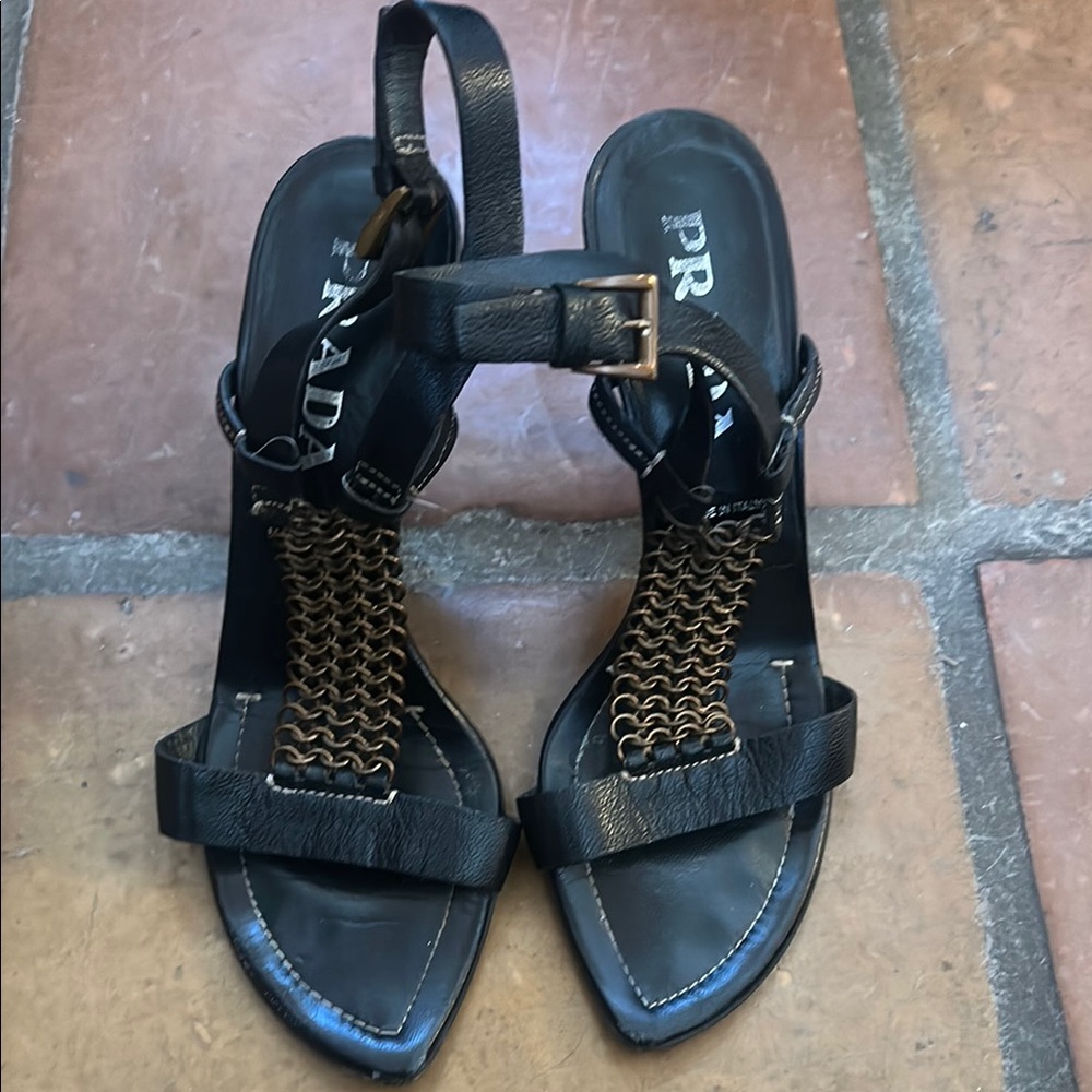 Prada Black and Gold Chain Detail Sandals